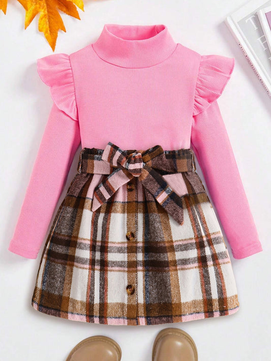 Wholesale Girls' Pink Turtleneck Ruffled Top & Plaid Skirt Dress with Bow