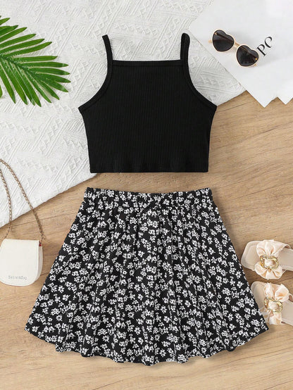 Girls' Black Ribbed Crop Top & Floral Skirt Set Wholesale