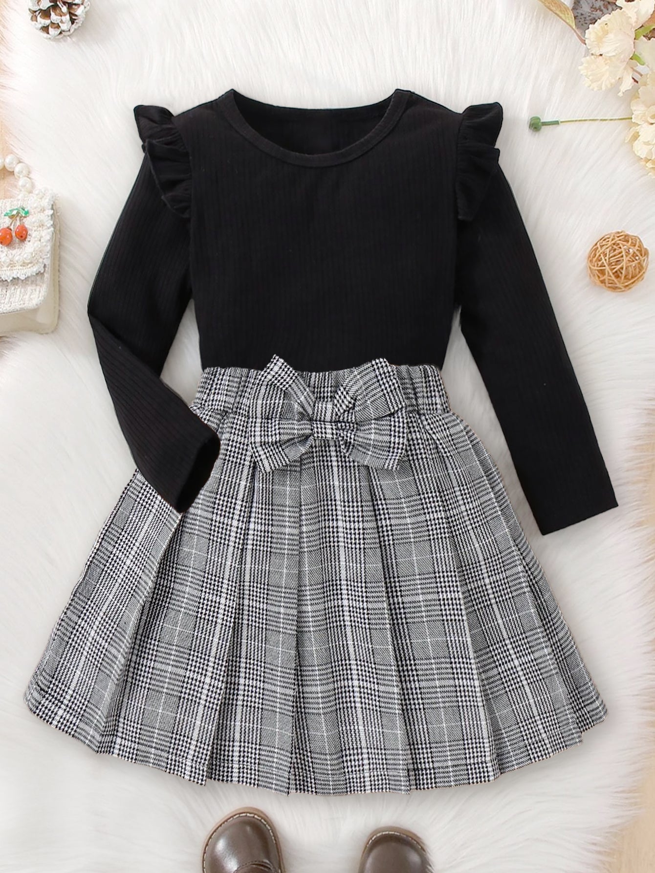 Girls' Black Long Sleeve Top with Plaid Bow Skirt Wholesale