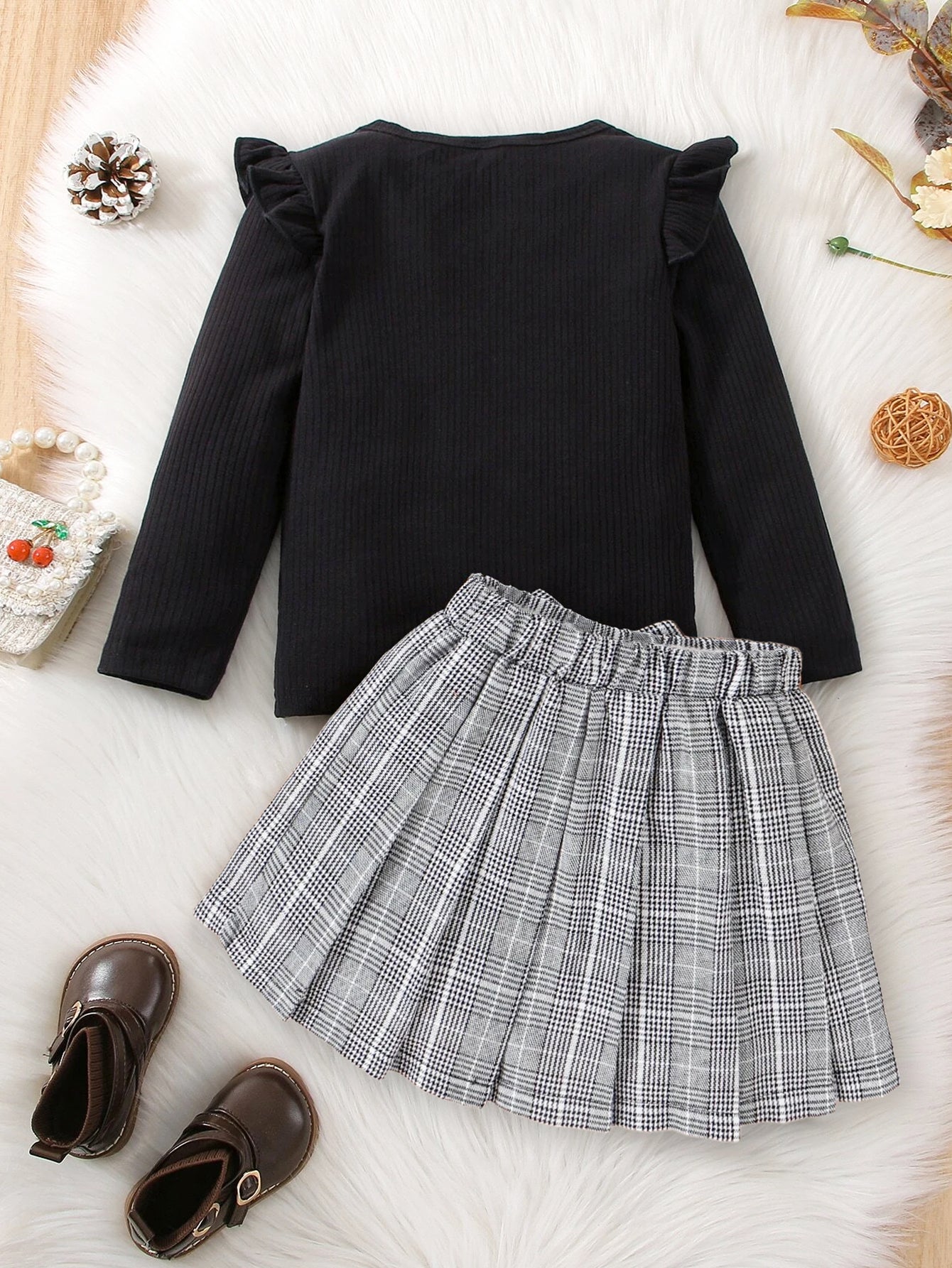 Girls' Black Long Sleeve Top with Plaid Bow Skirt Wholesale