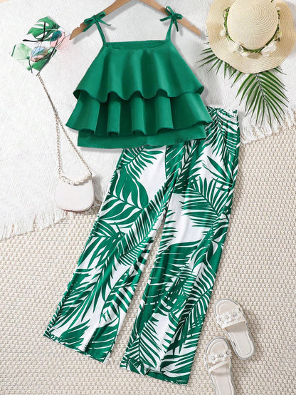 Girls' Tropical Ruffle Top & Leaf Print Wide-Leg Pants Set Wholesale