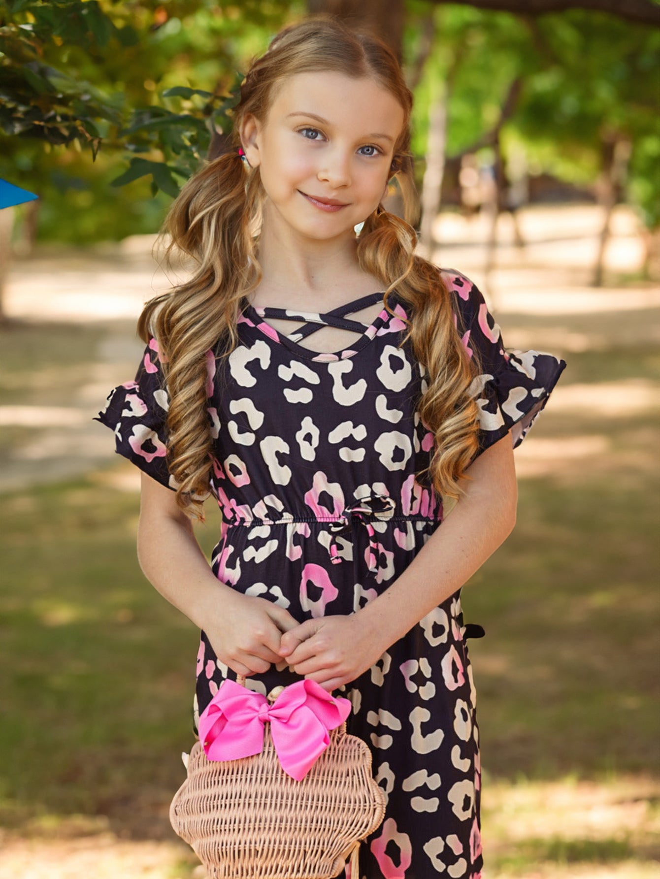 Girls' Pink & Black Leopard Print Ruffle Jumpsuit Wholesale