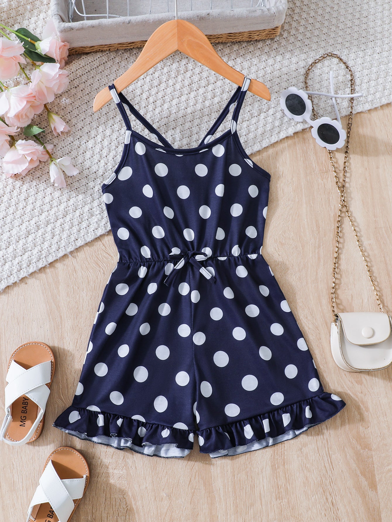 Navy Polka Dot Ruffle Hem Girls' Jumpsuit Wholesale