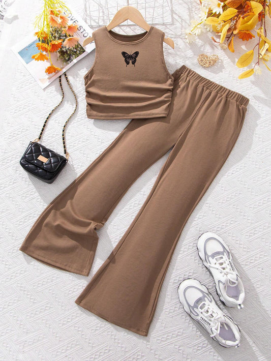 Girls' Ribbed Butterfly Crop Top & Flared Pants Set Wholesale