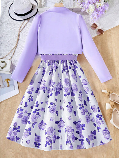 Girls' Floral Print Sleeveless Dress with Lavender Blazer Set Wholesale