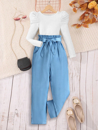 Elegant Girls' Puff-Sleeve Top & High-Waisted Pants Set Wholesale