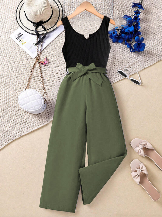 Girls' Sleeveless Ribbed Top and High-Waisted Wide-Leg Pants Set Wholesale