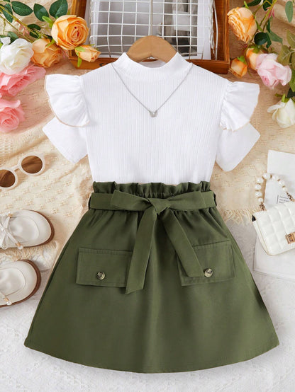 Girls' Ruffle Sleeve Top & High-Waisted Skirt Set Wholesale