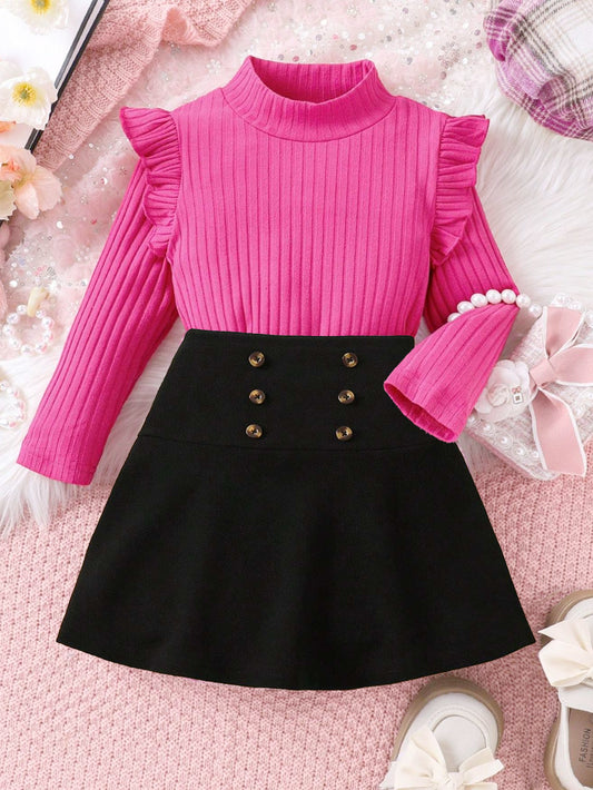 Girls' Ruffle Sleeve Ribbed Top & Black A-Line Skirt Set Wholesale