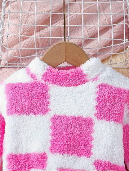 Cozy Pink & White Checkered Plush Toddler Outfit Wholesale