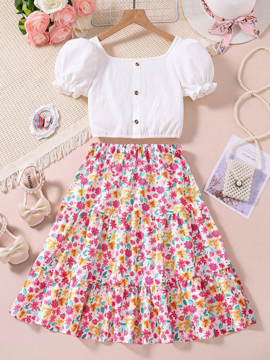 Girls' Puff Sleeve Buttoned Top & Floral Tiered Skirt Set Wholesale