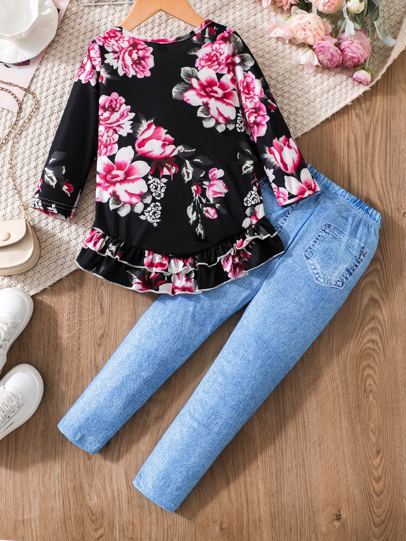 Girls' Floral Ruffle Hem Tunic & Faux Denim Leggings Set Wholesale