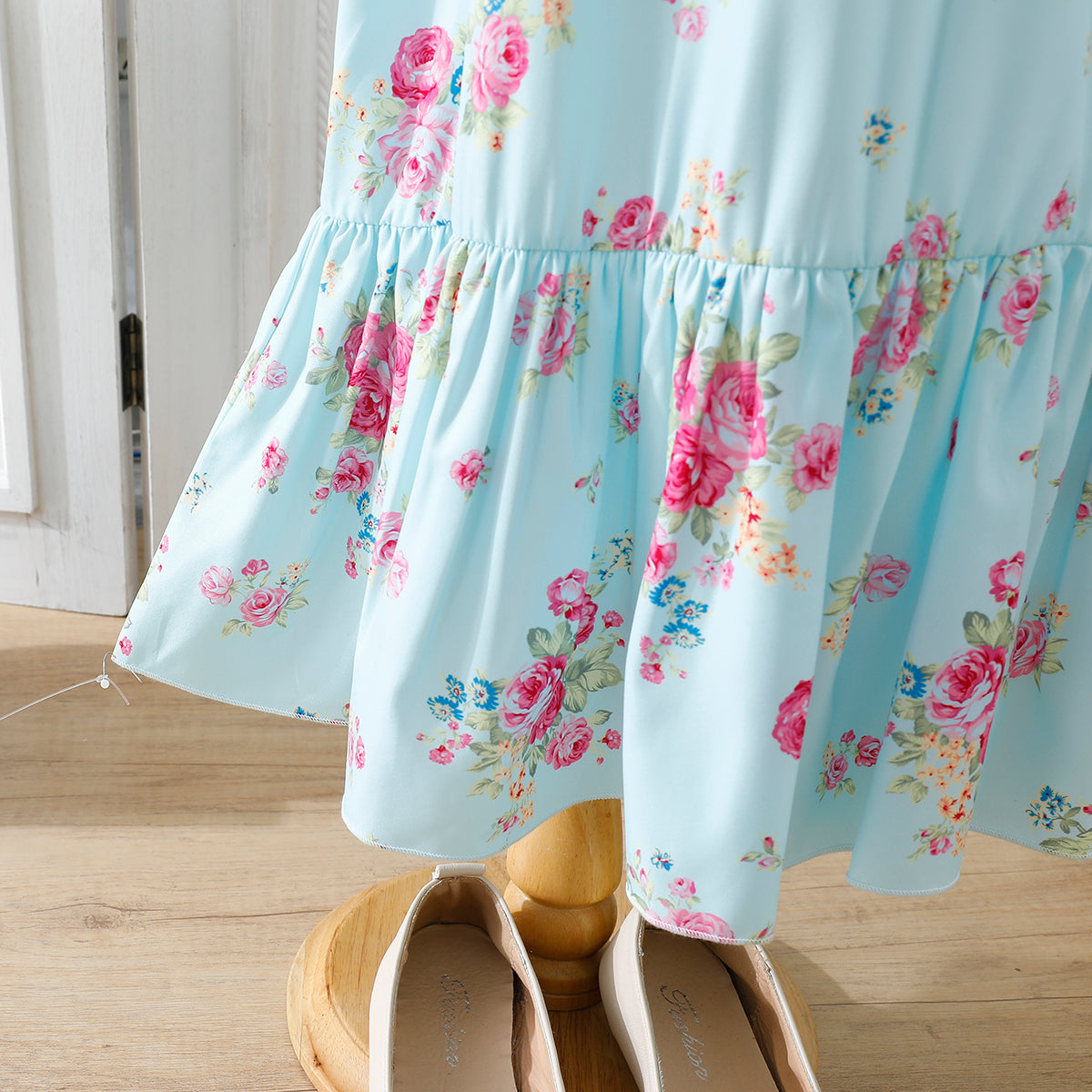 Girls' Pastel Blue Floral Maxi Dress with Waist Bow Wholesale