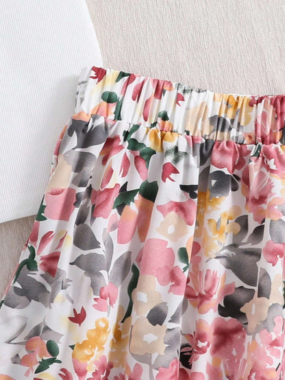 Girls' Floral Print A-Line Skirt & Sleeveless Top Set Wholesale