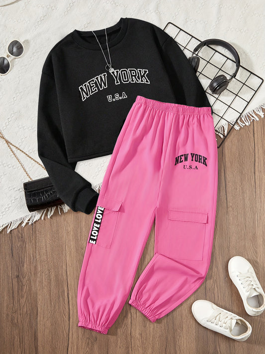 Girls'Graphic Sweatshirt and Cargo Joggers Set Wholesale