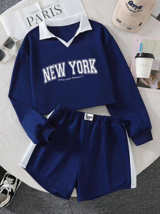 Stylish Girls' "New York" Varsity Sweatshirt and Shorts Set Wholesale