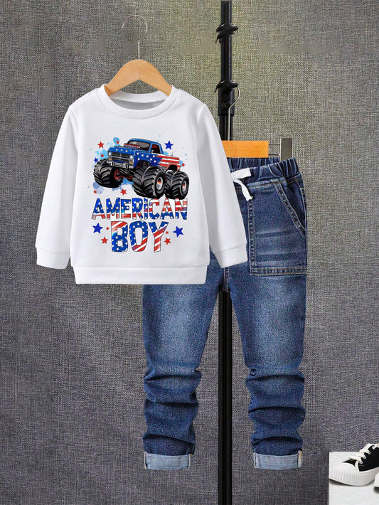 American Boy Monster Truck Sweatshirt & Jeans Set Wholesale