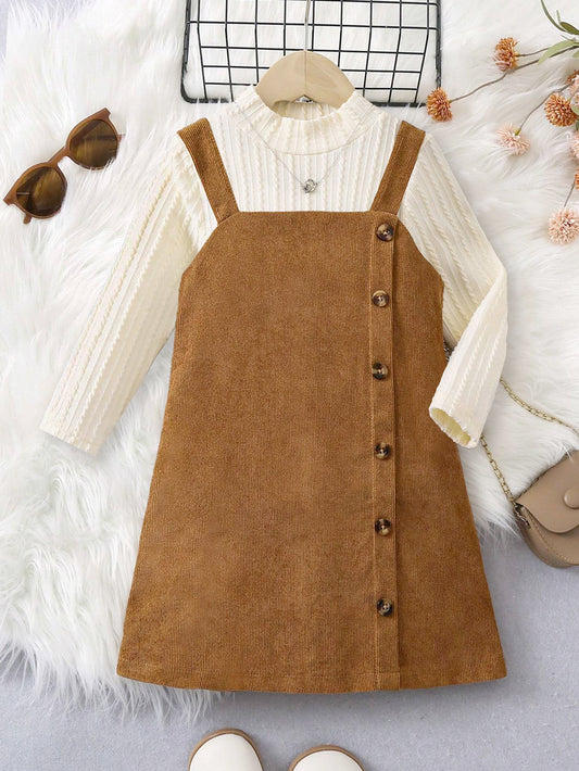 Girls' Cozy Corduroy Pinafore Dress with Ribbed Knit Top Wholesale