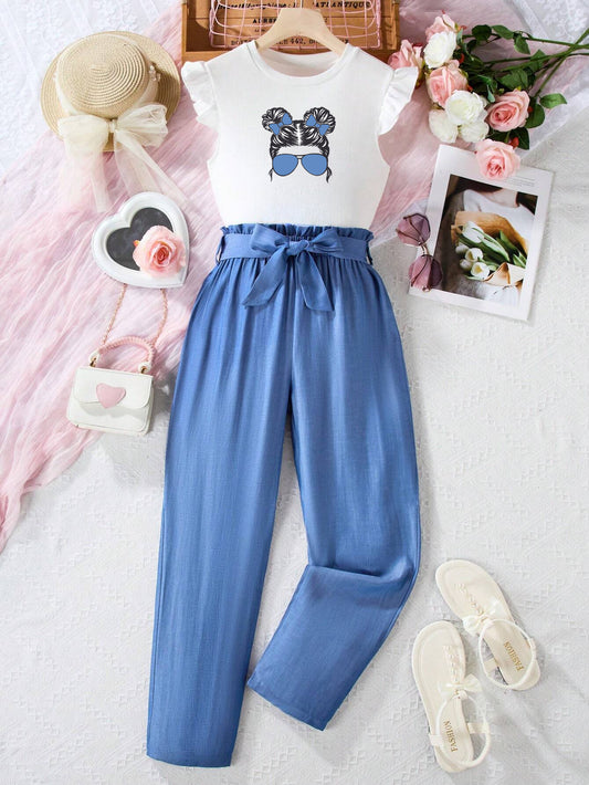 Girls' Cool Graphic Tee and Blue High-Waisted Pants Set Wholesale