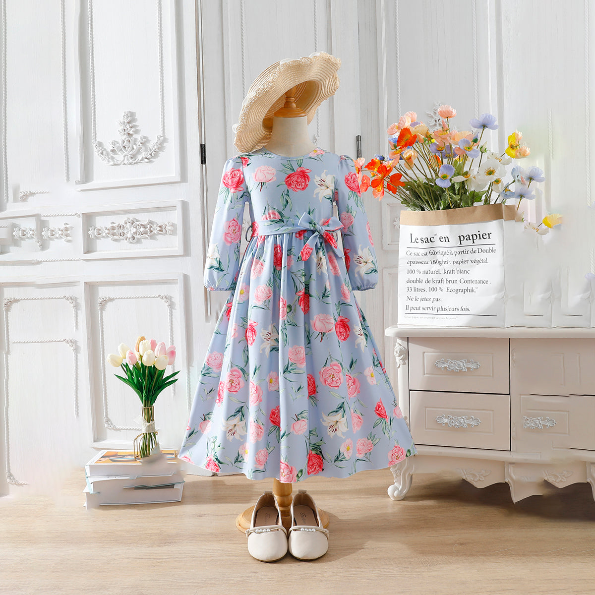 Girls' Long-Sleeve Floral Print Maxi Dress with Waist Bow Wholesale