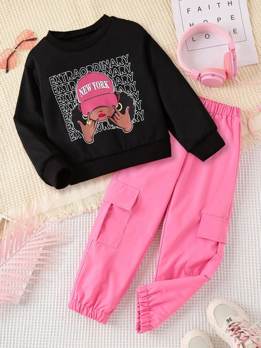 Girls Trendy Sweatshirt & Pink Cargo Jogger Set Wholesale Wholesale