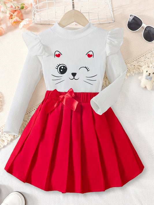 Adorable Winking Kitty Top & Red Pleated Skirt Set for Girls Wholesale