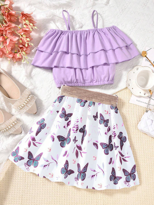 Girls' Lavender Ruffle Top and Butterfly Print Skirt Set Wholesale