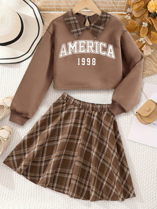 Girls' Plaid Skirt & America 1998 Sweatshirt Set Wholesale