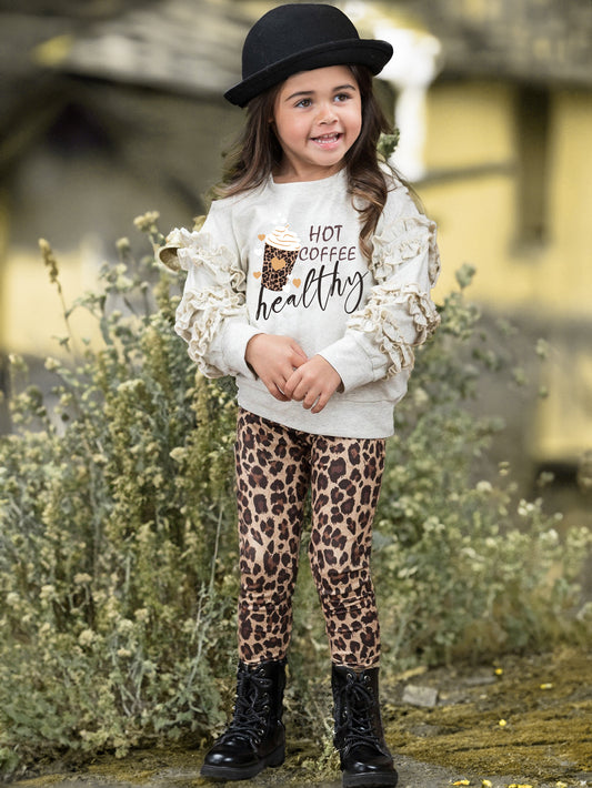 Girls Ruffle Sleeve Sweatshirt & Leopard Print Leggings Set Wholesale