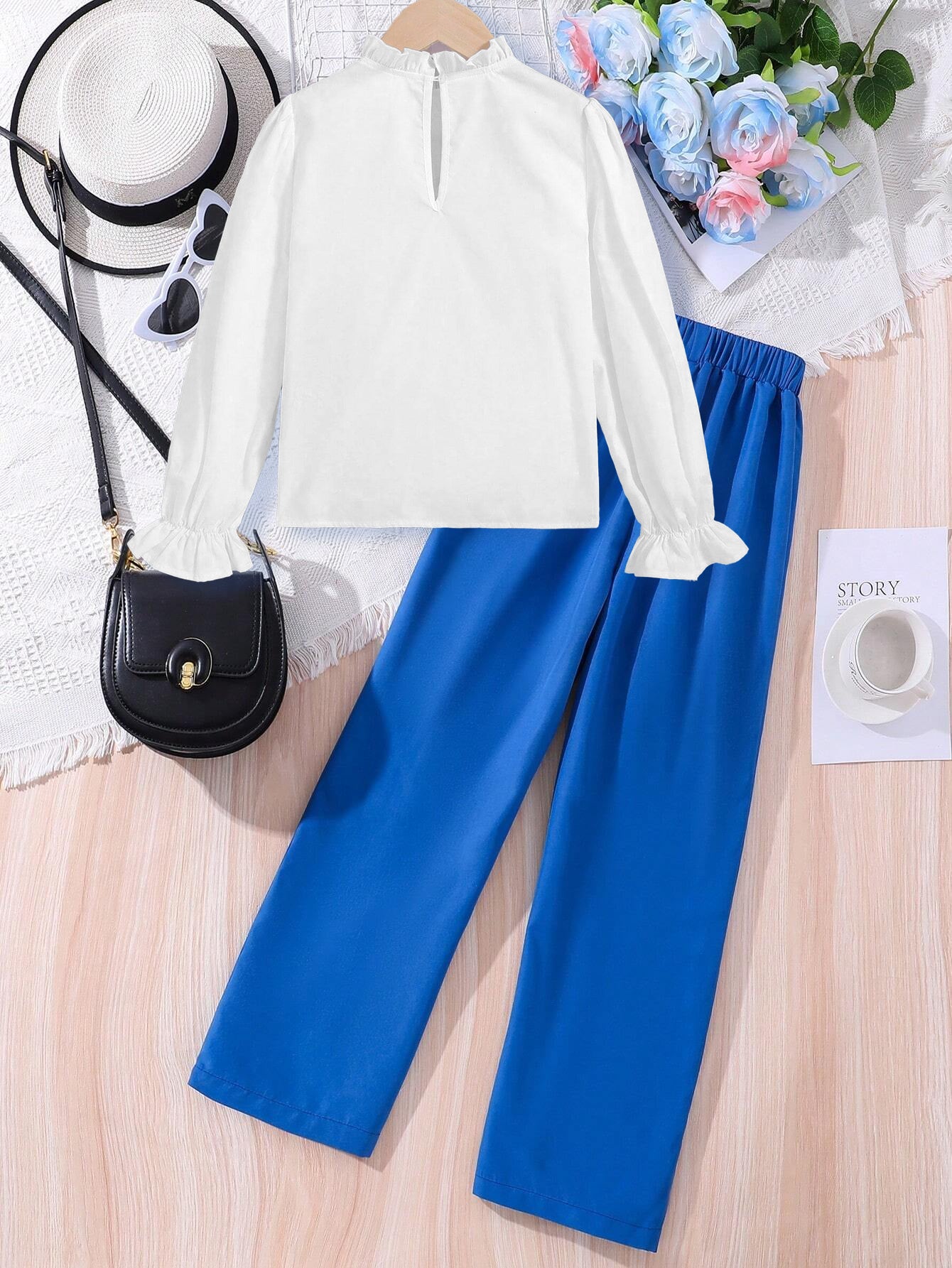 Stylish Girls' Ruffle-Sleeve Blouse & Wide-Leg Pants Set Wholesale