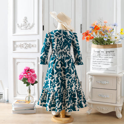 Girls' Teal and White Leaf Print Tiered Dress Wholesale