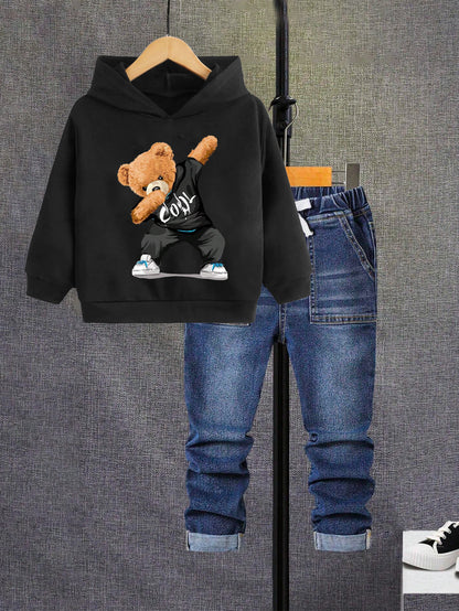 Boys'Bear Hoodie & Denim Jeans Set Wholesale