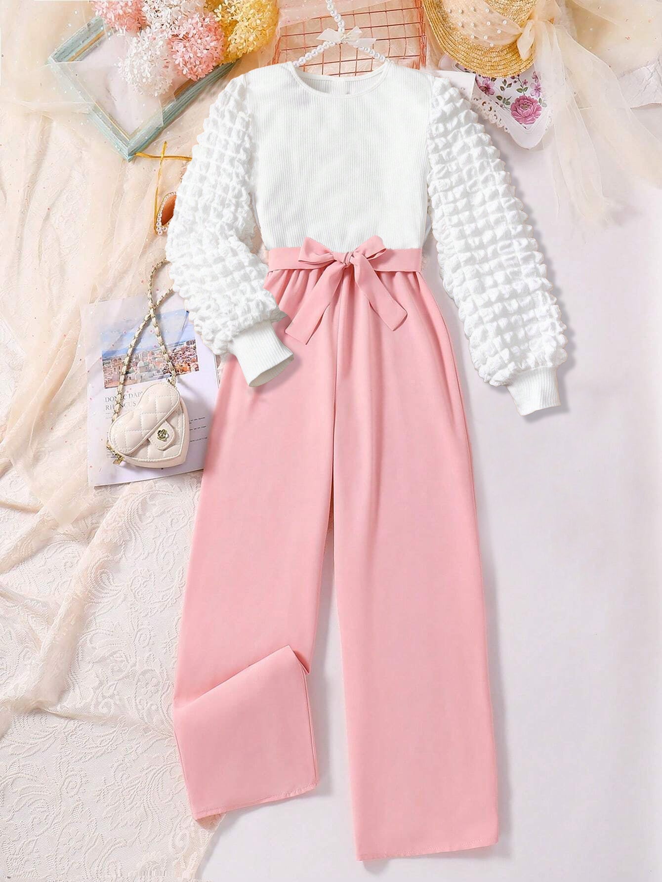 Girls' Textured Puff Sleeve Top & Wide-Leg Pants Set Wholesale