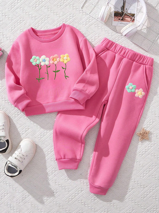 Wholesale Pink Floral Embroidered Sweatshirt & Jogger Set for Girls