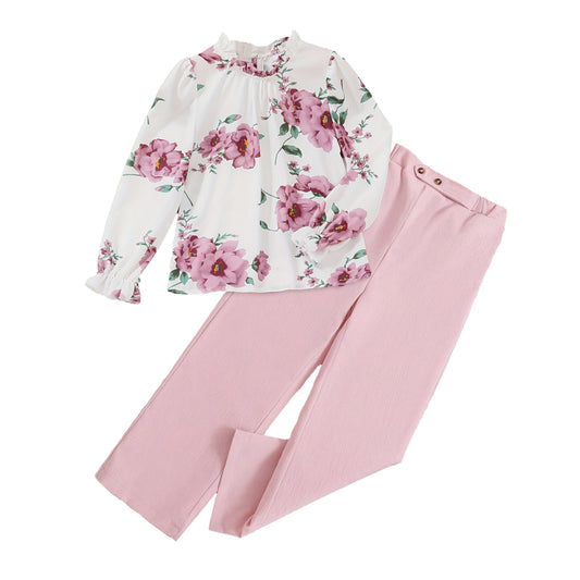 Girls' Floral Ruffle Blouse & Pink High-Waisted Pants Set Wholesale