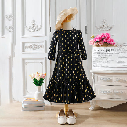 Girls' Black and Gold Polka Dot Maxi Dress with Waist Bow Wholesale