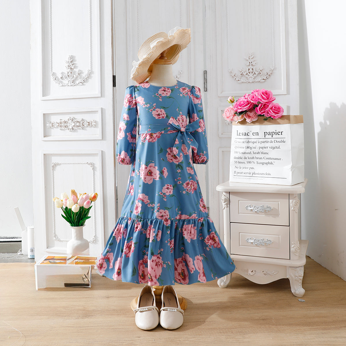 Girls' Blue Floral Long-Sleeve Maxi Dress with Waist Bow Wholesale