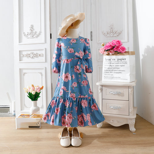 Girls' Blue Floral Long-Sleeve Maxi Dress with Waist Bow Wholesale