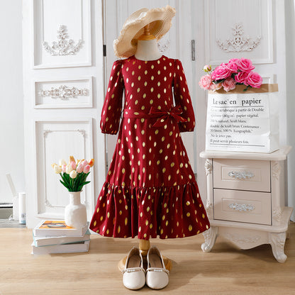 Girls' Burgundy Gold Polka Dot Maxi Dress with Waist Bow Wholesale