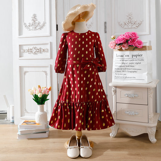 Girls' Burgundy Gold Polka Dot Maxi Dress with Waist Bow Wholesale