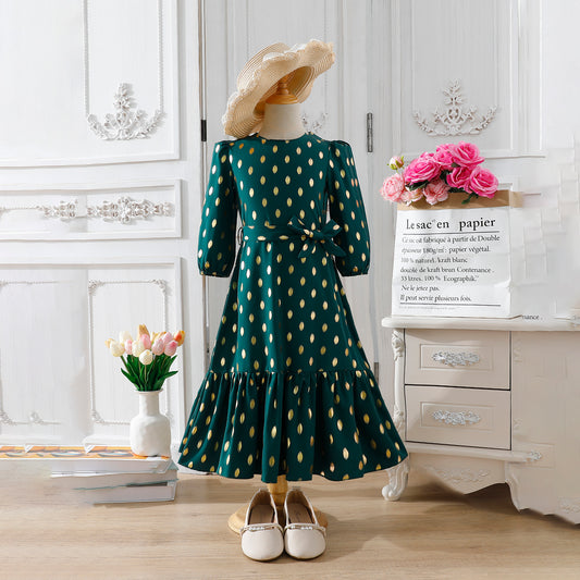 Girls' Dark Green Gold Polka Dot Maxi Dress with Waist Bow Wholesale