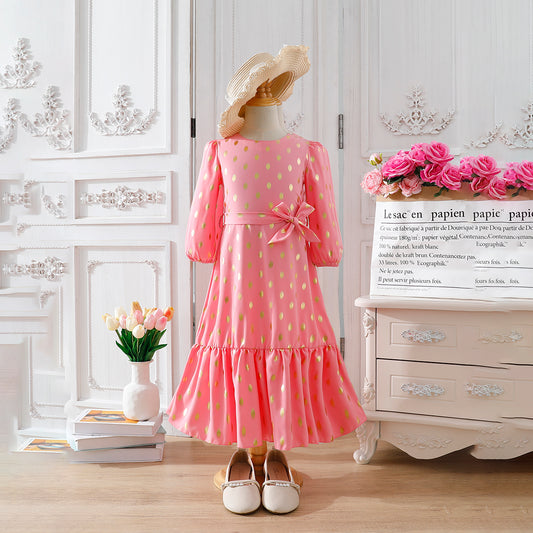 Girls' Gold Polka Dot Long-Sleeve Maxi Dress with Waist Bow Wholesale