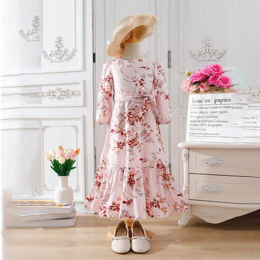 Girls' Long-Sleeve Floral Maxi Dress with Tiered Skirt and Waist Bow Wholesale
