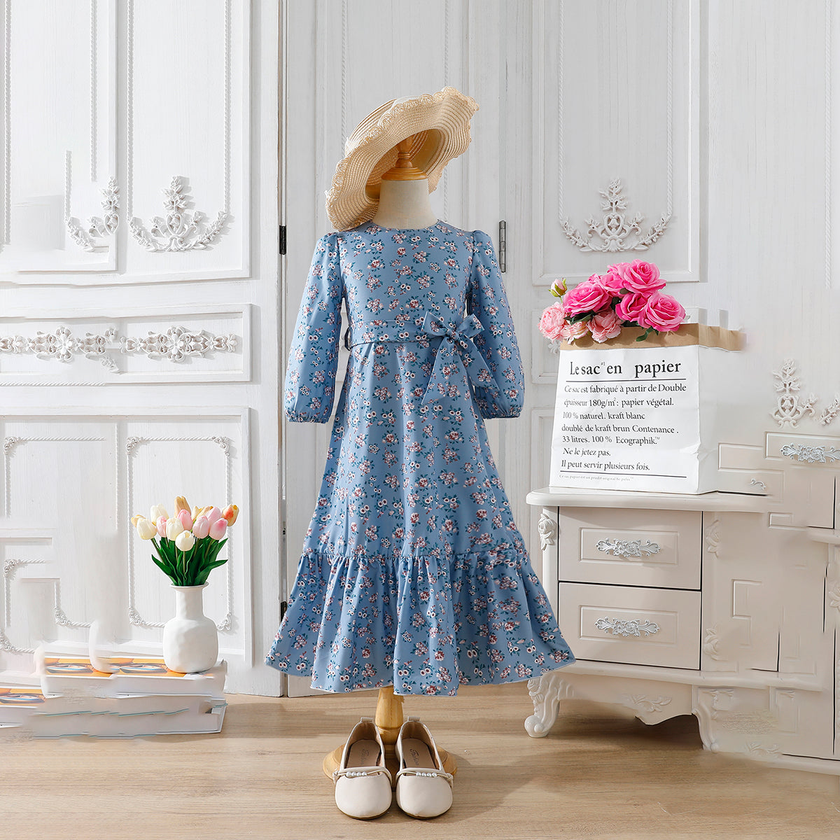 Girls' Long-Sleeve Floral Print Maxi Dress with Waist Bow Wholesale