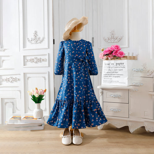 Girls' Navy Blue Floral Maxi Dress with Waist Bow Wholesale