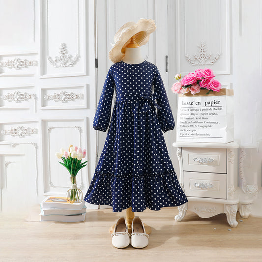 Girls' Navy Blue Polka Dot Long-Sleeve Maxi Dress with Waist Bow Wholesale