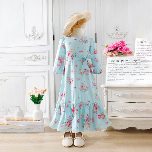 Girls' Pastel Blue Floral Maxi Dress with Waist Bow Wholesale