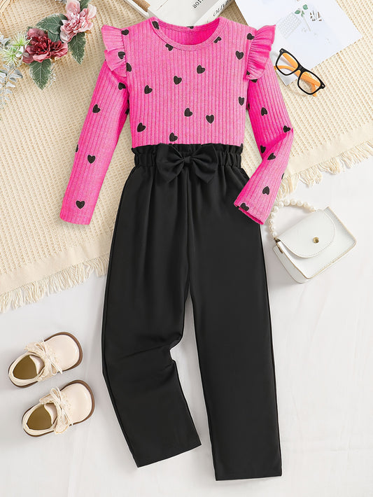 Girl's Pink Heart-Print Ruffle Top & Black Bow-Waist Pants Set