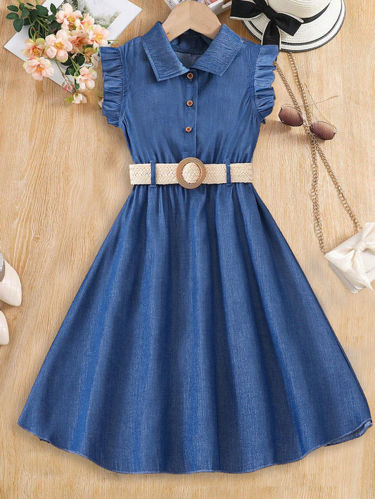 Chic Faux Denim Sleeveless Toddler Dress with Belt Wholesale