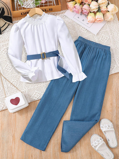 Girls' Smocked High Neck Blouse & Pants Set with Belt Wholesale